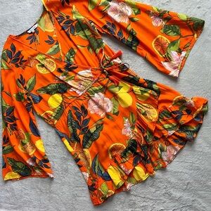 Blue Island Tropical Orange Citrus Print Vacation Faux Wrap Ruffle Mini Dress XS
